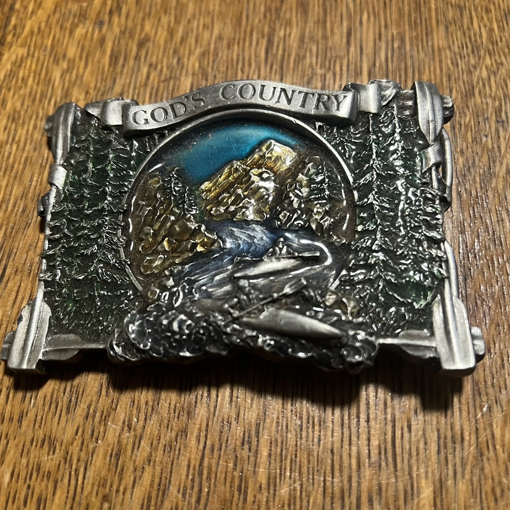 VTG God's Country Buckle*Missing Pin*1983 Bergamot Works USA 3D Mts Kayaks